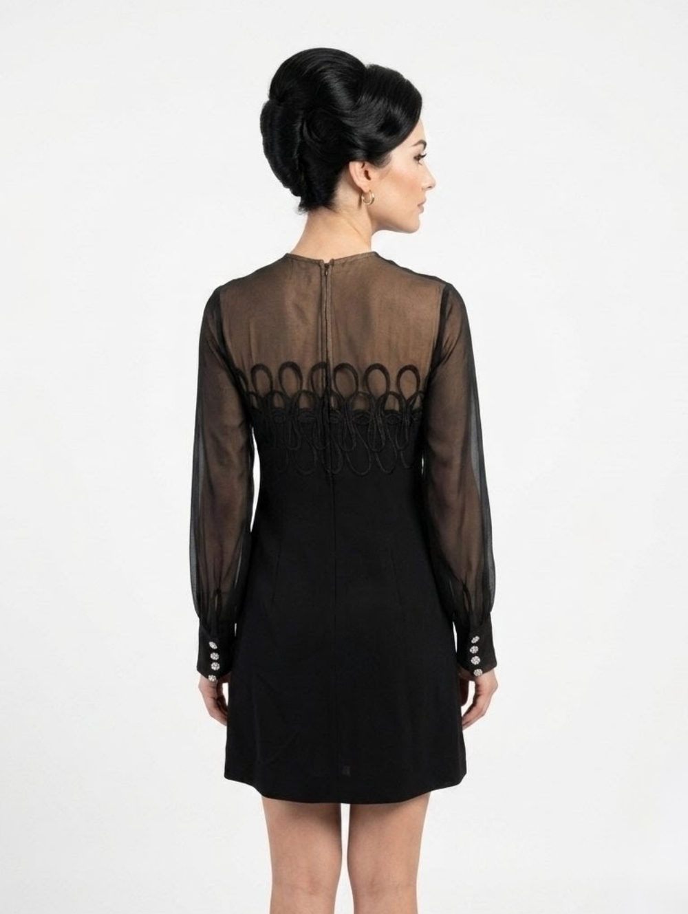 Anita Modes Vintage Cocktail Illusion Neck Black Long Sleeve Dress - 12 - Flaws